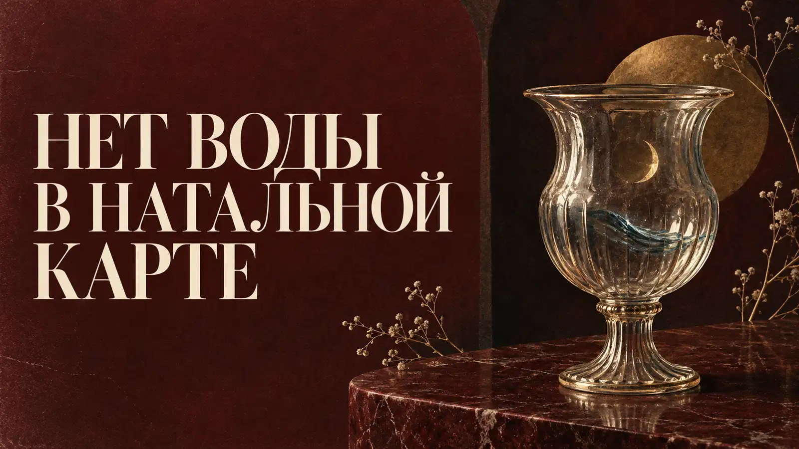 Стеклянная ваза с отражением месяца и тонкой волны на бордовом фоне