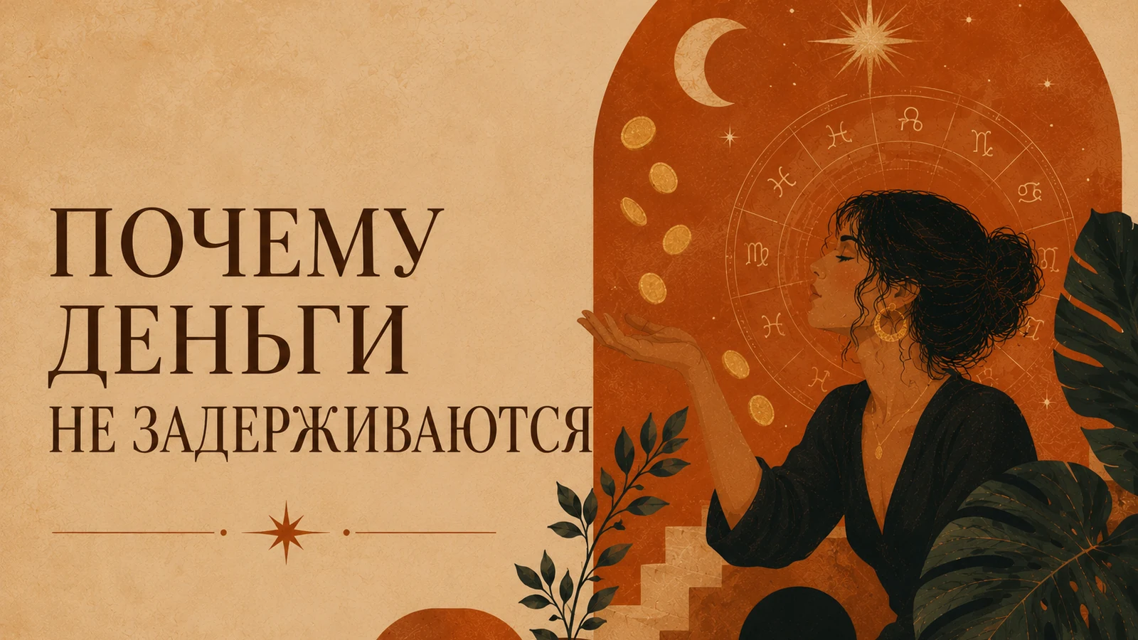 Женщина у колеса зодиака ловит ладонью падающие золотые монеты