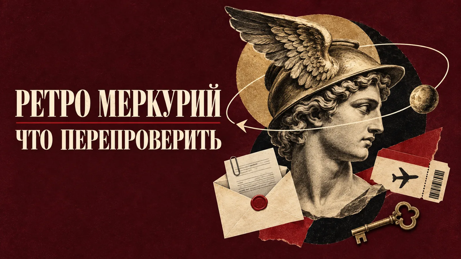 Письмо, билет, ключ и планета Меркурий на бордовом фоне