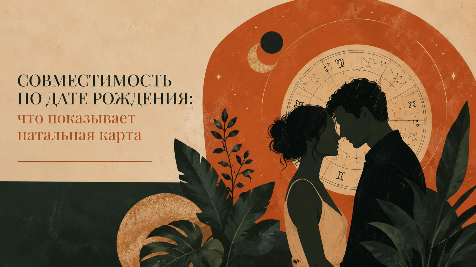 Мужчина и женщина лбами друг к другу на фоне колеса зодиака