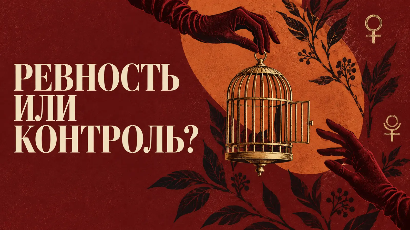 Две бордовые перчатки держат золотую клетку с открытой дверцей на винтажном фоне